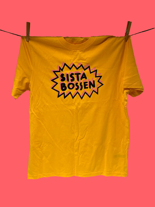 Black & pink on yellow